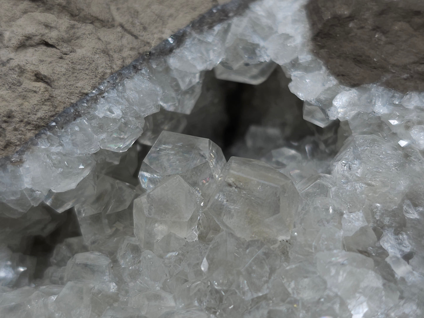 #34020 Super clear Nailhead Spar Calcite geode and Chalcopyrite ore and multiple small fossils in the matrix