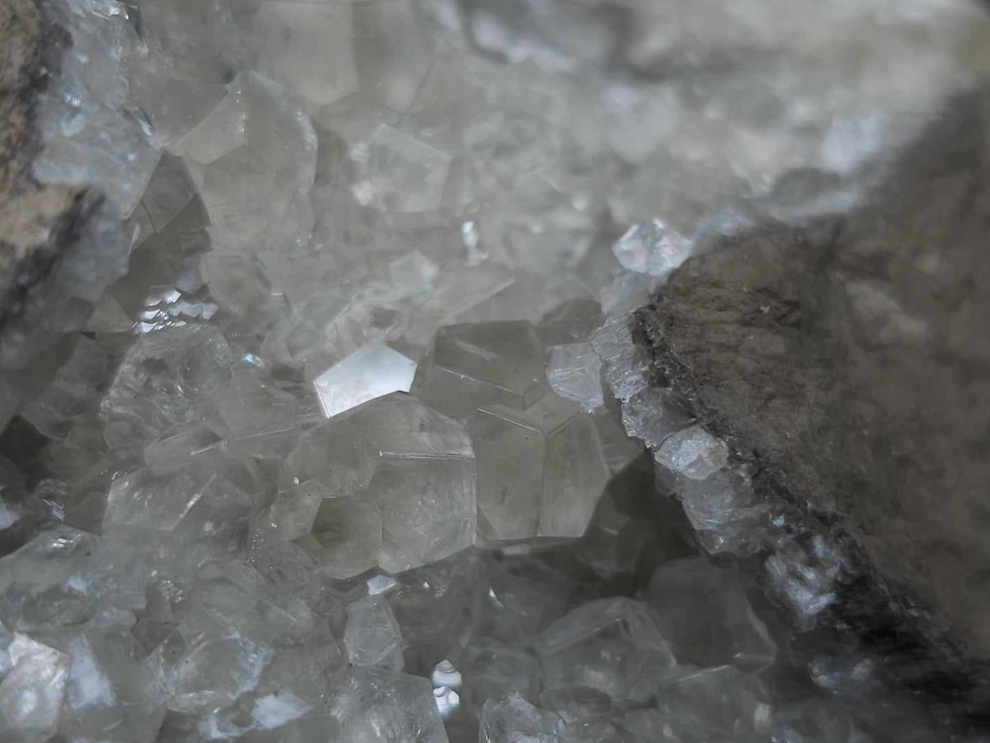 #34020 Super clear Nailhead Spar Calcite geode and Chalcopyrite ore and multiple small fossils in the matrix