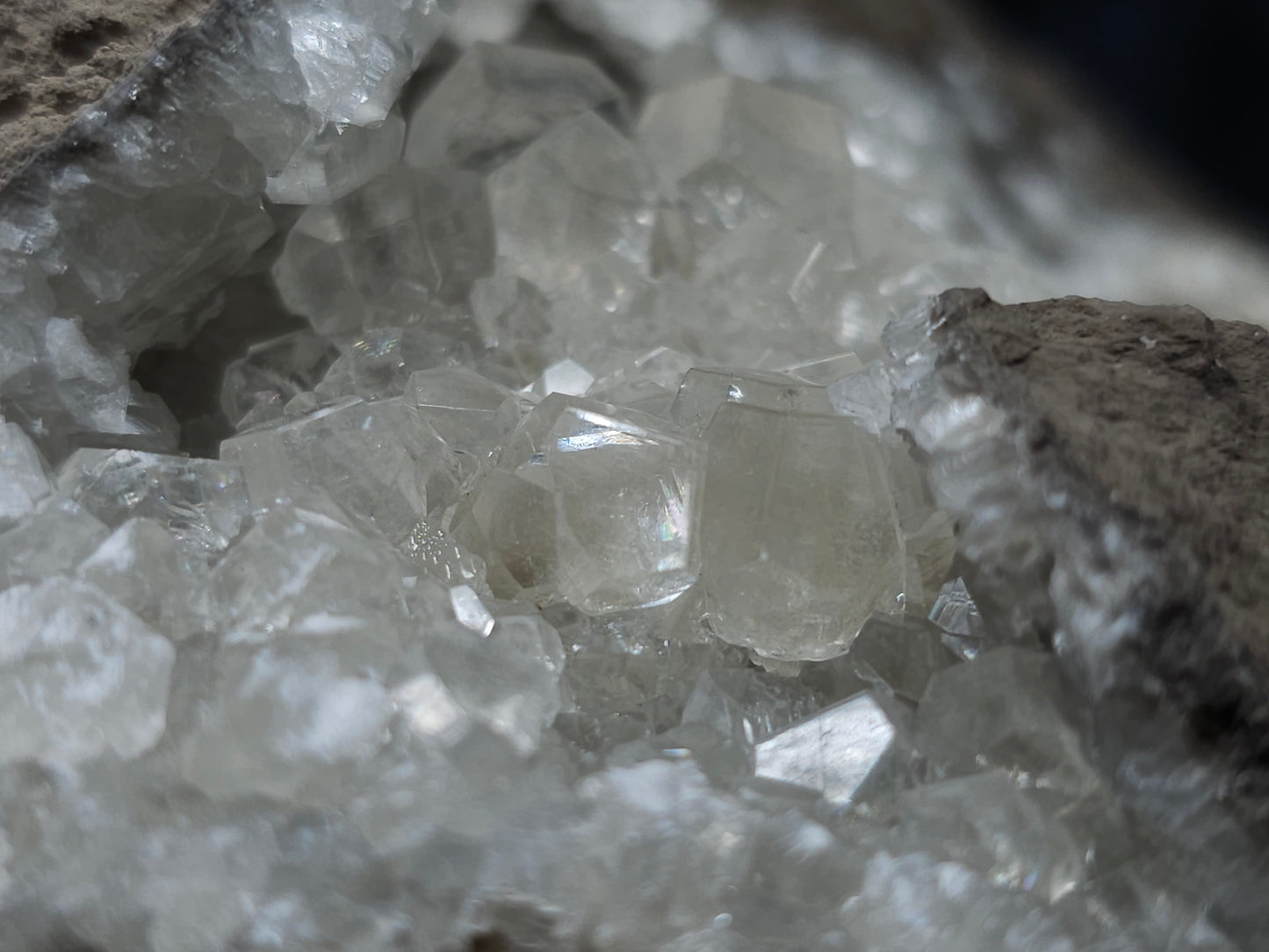 #34020 Super clear Nailhead Spar Calcite geode and Chalcopyrite ore and multiple small fossils in the matrix