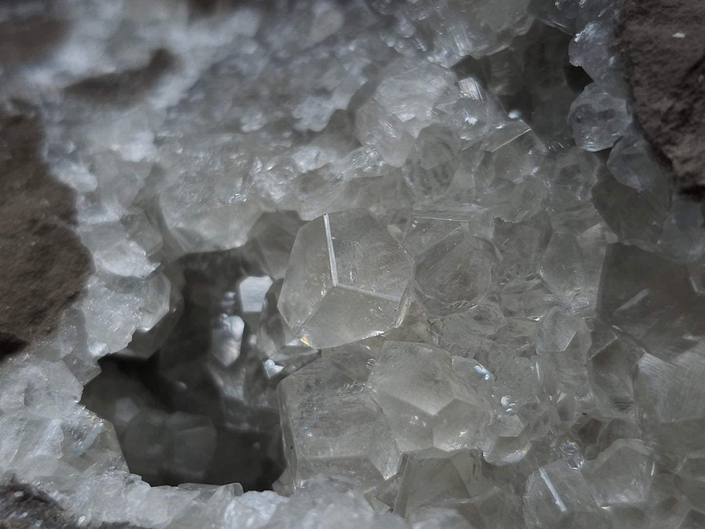 #34020 Super clear Nailhead Spar Calcite geode and Chalcopyrite ore and multiple small fossils in the matrix