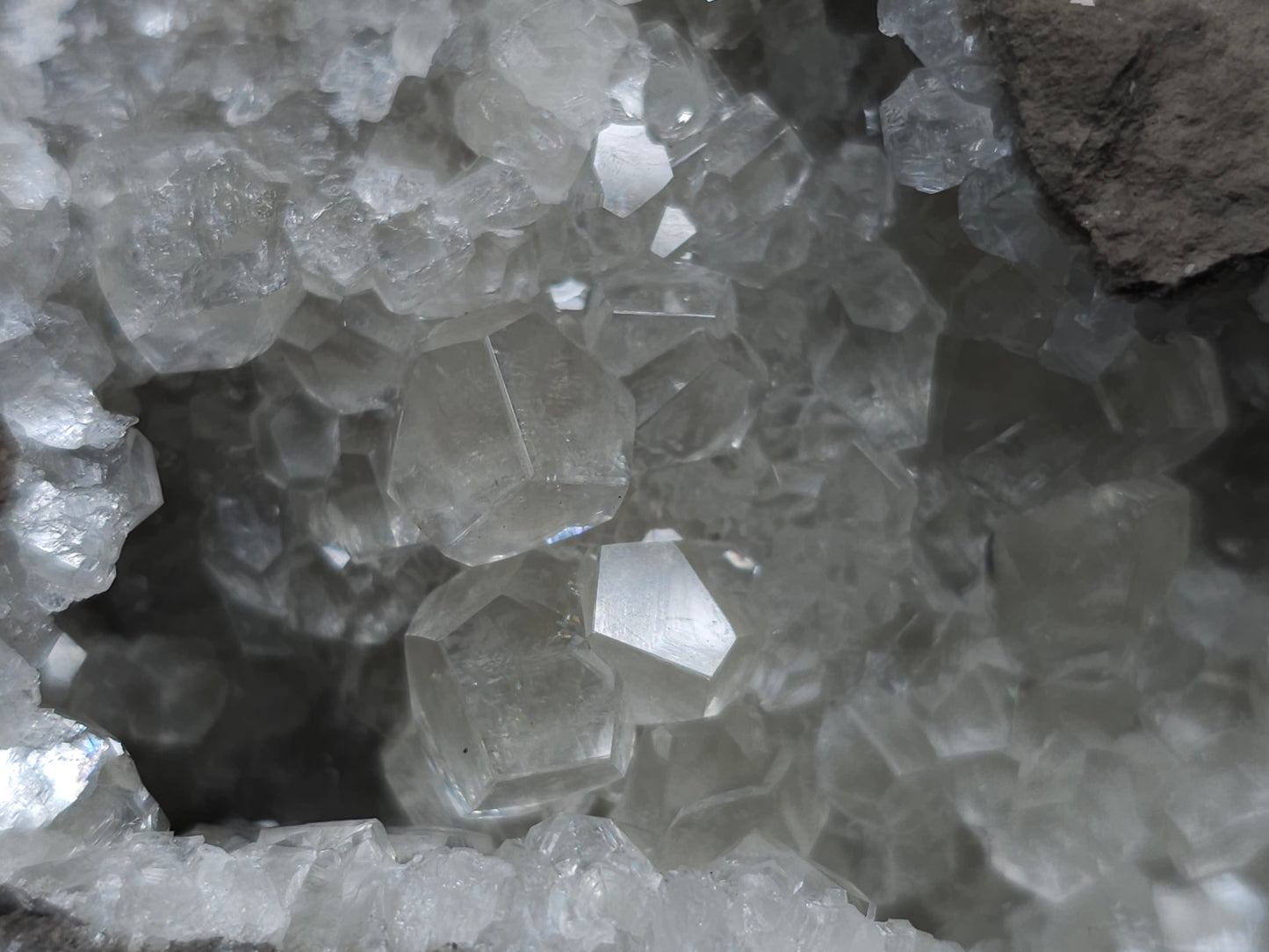 #34020 Super clear Nailhead Spar Calcite geode and Chalcopyrite ore and multiple small fossils in the matrix