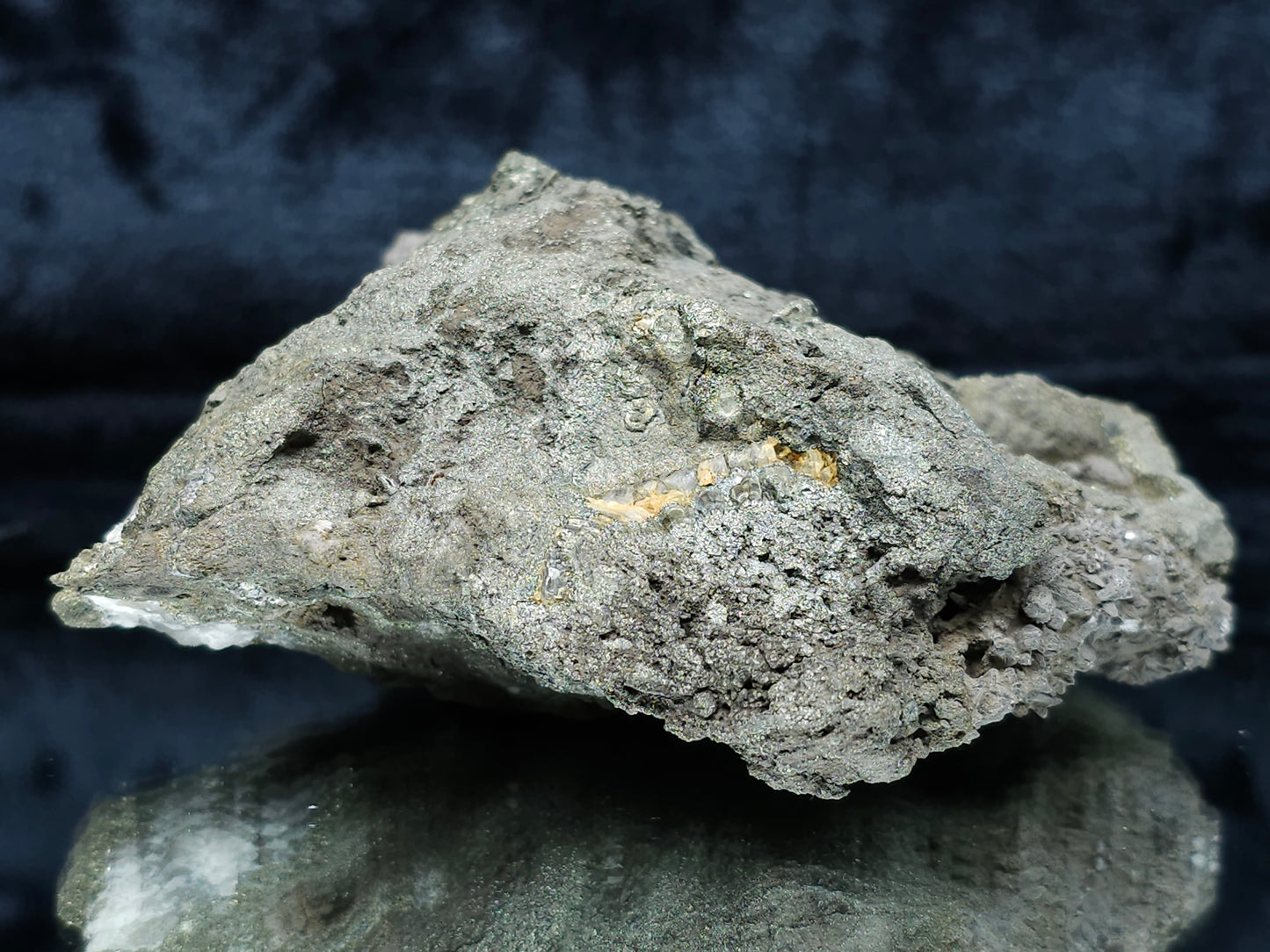 #66002 Hydrothermal mineral deposit that have fossil flower with peacock Chalcopyrite ore coating with small Dogthoot Spar Calcite and multiple fossil