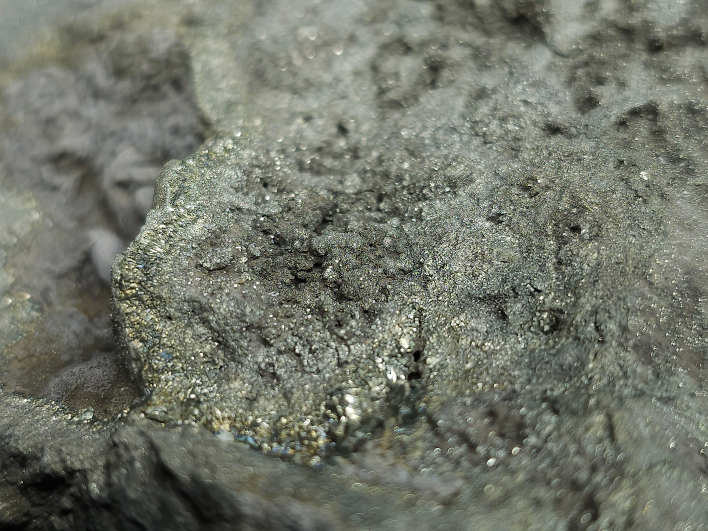 #66002 Hydrothermal mineral deposit that have fossil flower with peacock Chalcopyrite ore coating with small Dogthoot Spar Calcite and multiple fossil