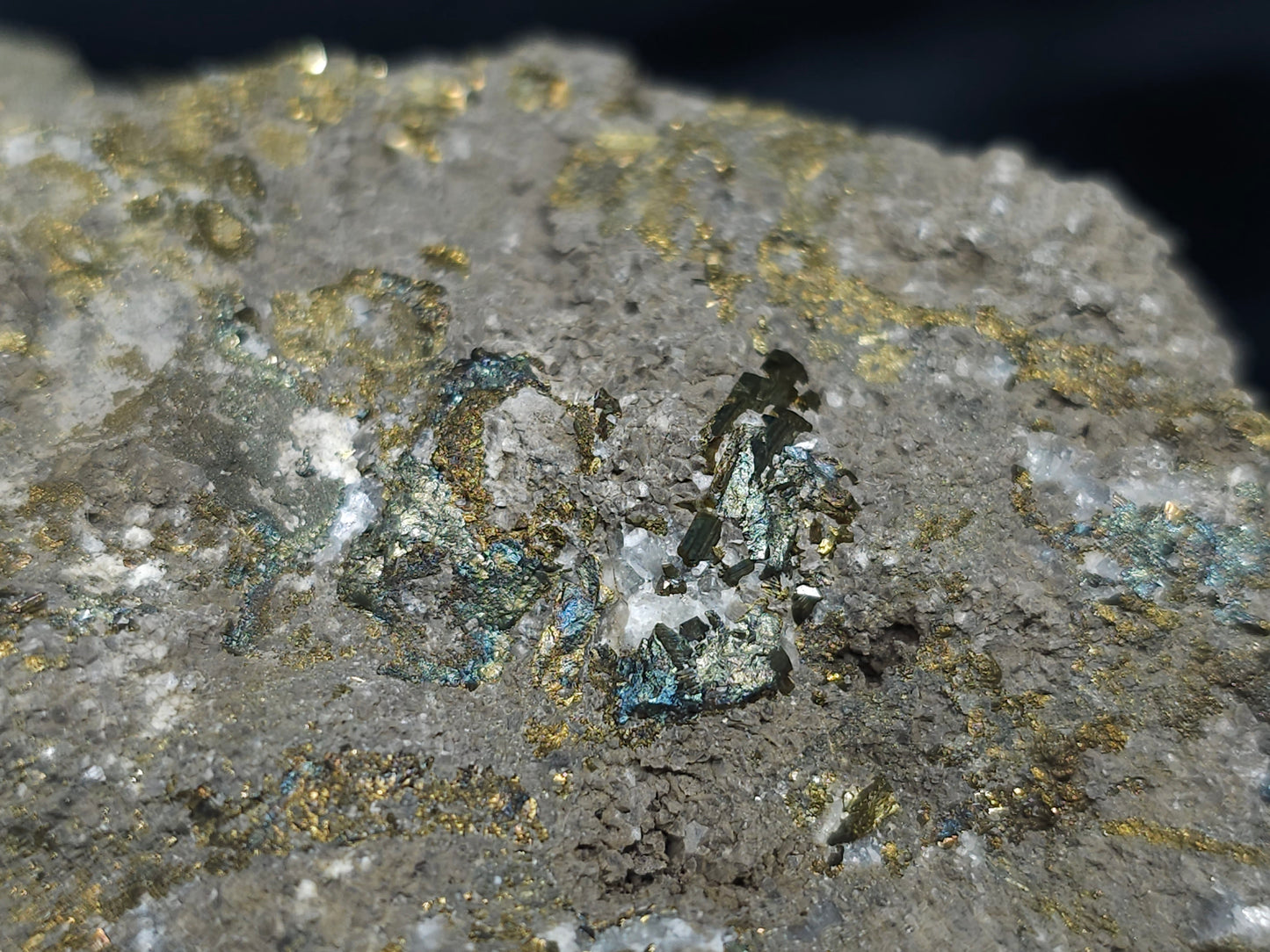 #66003 Hydrothermal mineral deposit that have fossil flower with peacock Chalcopyrite ore coating, also with a beautiful Calcite strip and it have multiple fossils