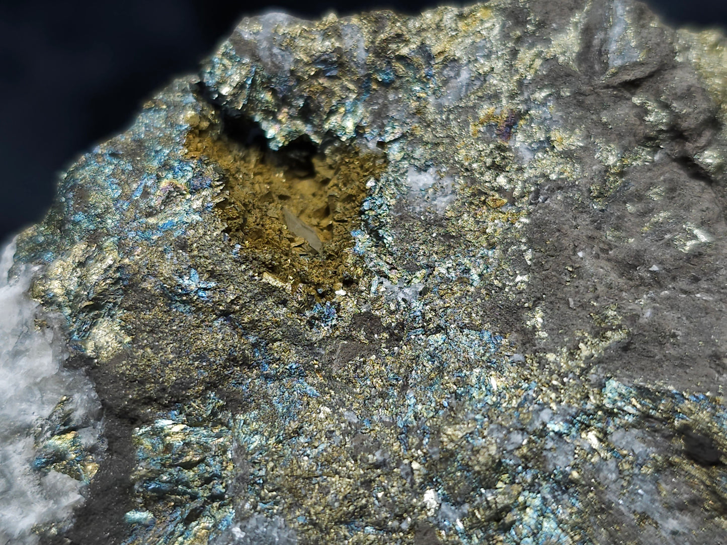 #66004 Hydrothermal mineral deposit that have fossil flower with peacock Chalcopyrite ore coating, also with some wonderful Calcite lines and it have multiple fossils