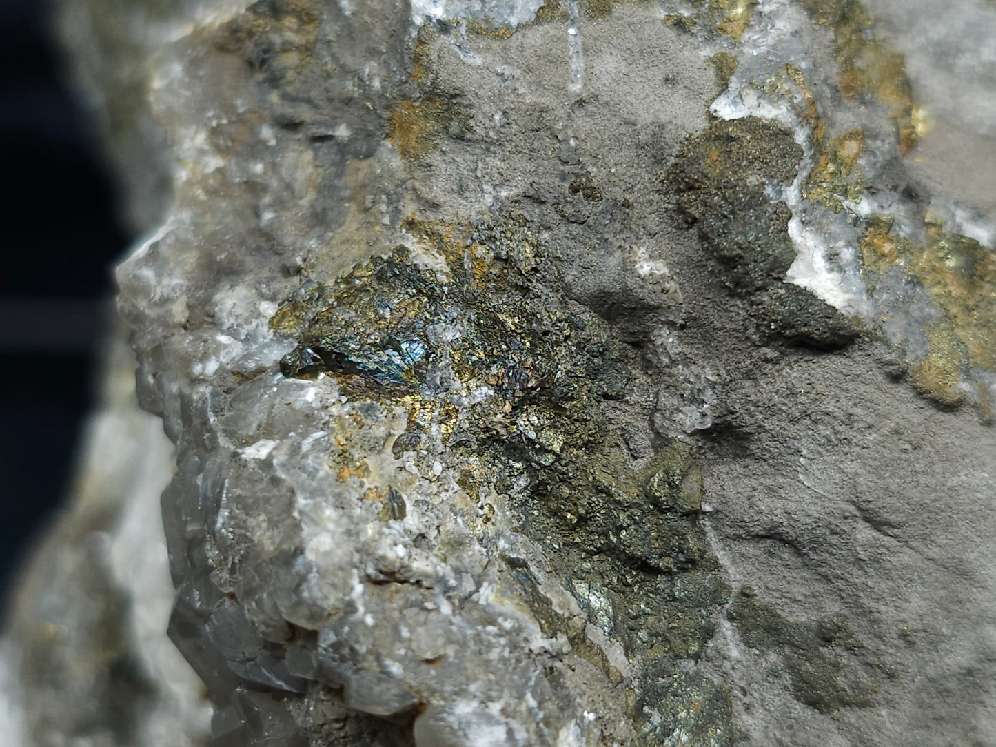 #66013 Peacock Chalcopyrite ore formation it also have an alluring Nailhead Spar Calcite strip with multiple fossil in the matrix