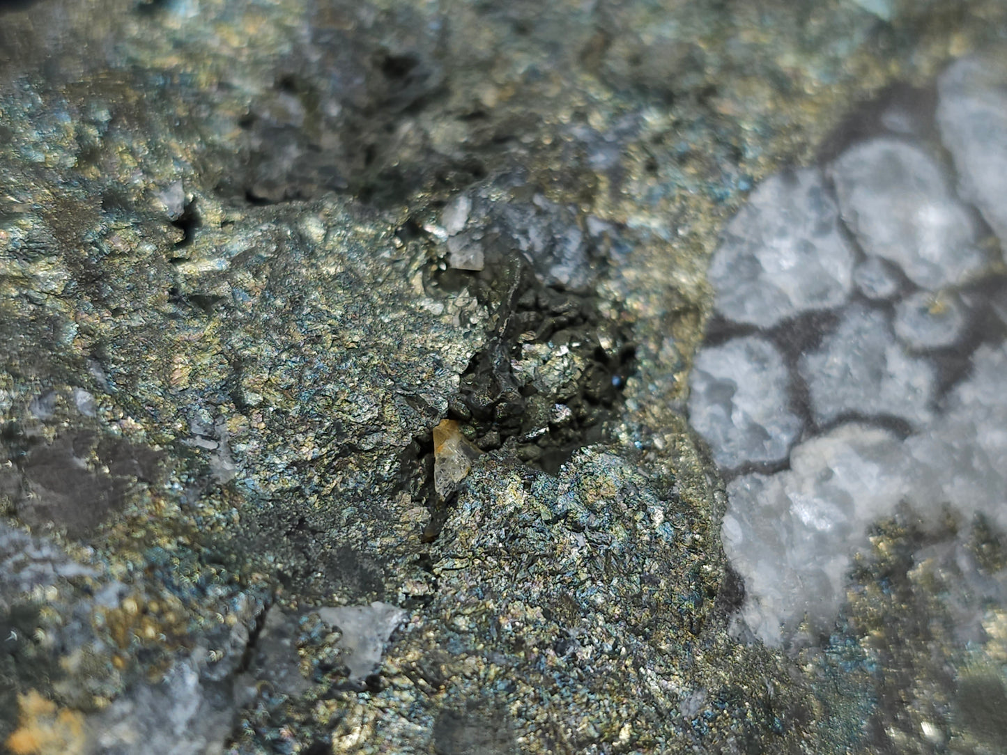 #66014 Golden Chalcopyrite ore with Nailhead Spar Calcite formation, it also have fossil flower with peacock Chalcopyrite ore coating with multiple fossils