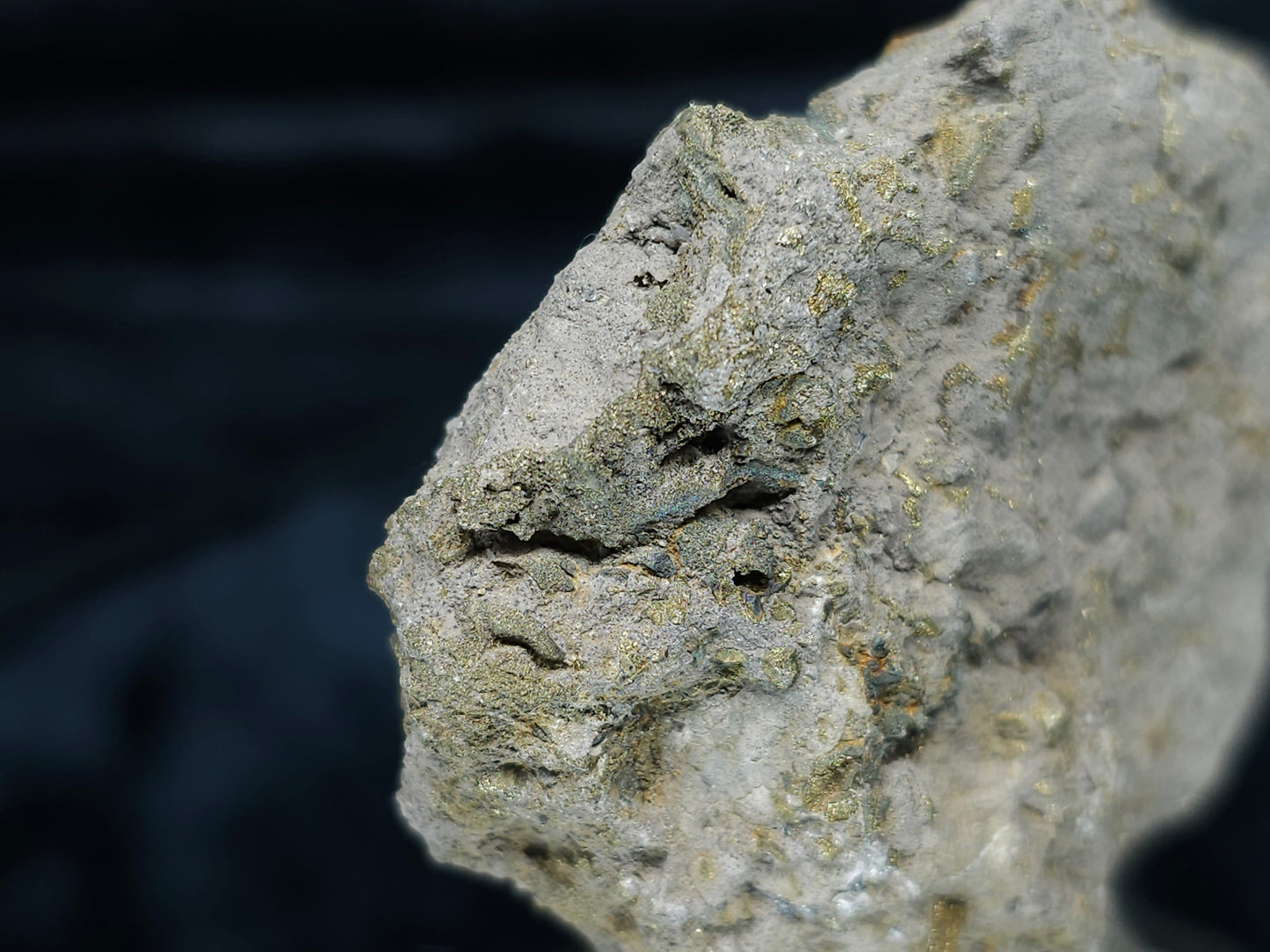 #66036 Chalcopyrite ore with tiny lines of calcite, it also have fossil flower with peacock Chalcopyrite ore coating with multiple fossils