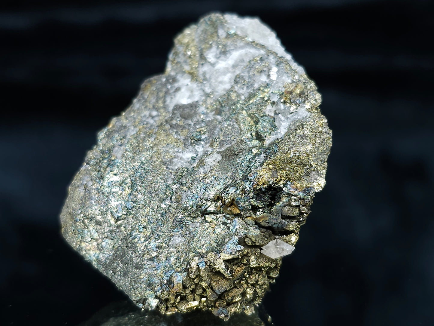 #66038 Iridescent Chalcopyrite with Marcasite formation, it also have beautiful lines of calcite with multiple fossils