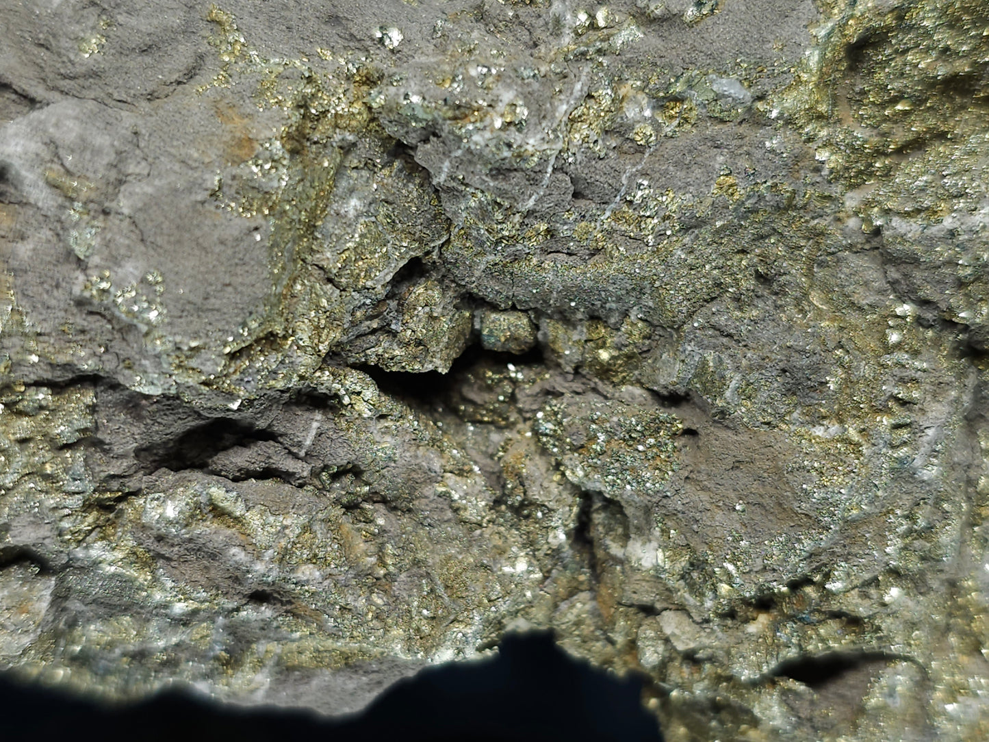 #66041 Marcasite with Chalcopyrite ore and multiple small hydrothermal Calcite deposit formation as well as small fossils