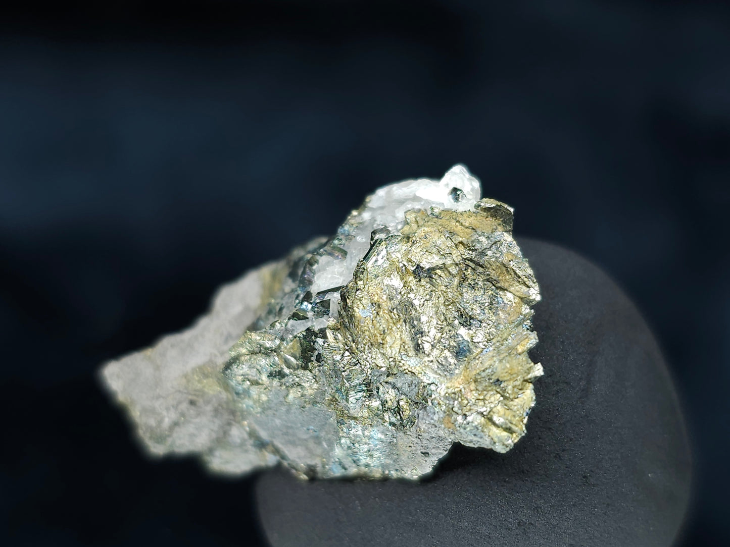 #66042 Iridescent Marcasite with Chalcopyrite ore and multiple small hydrothermal Calcite deposit formation