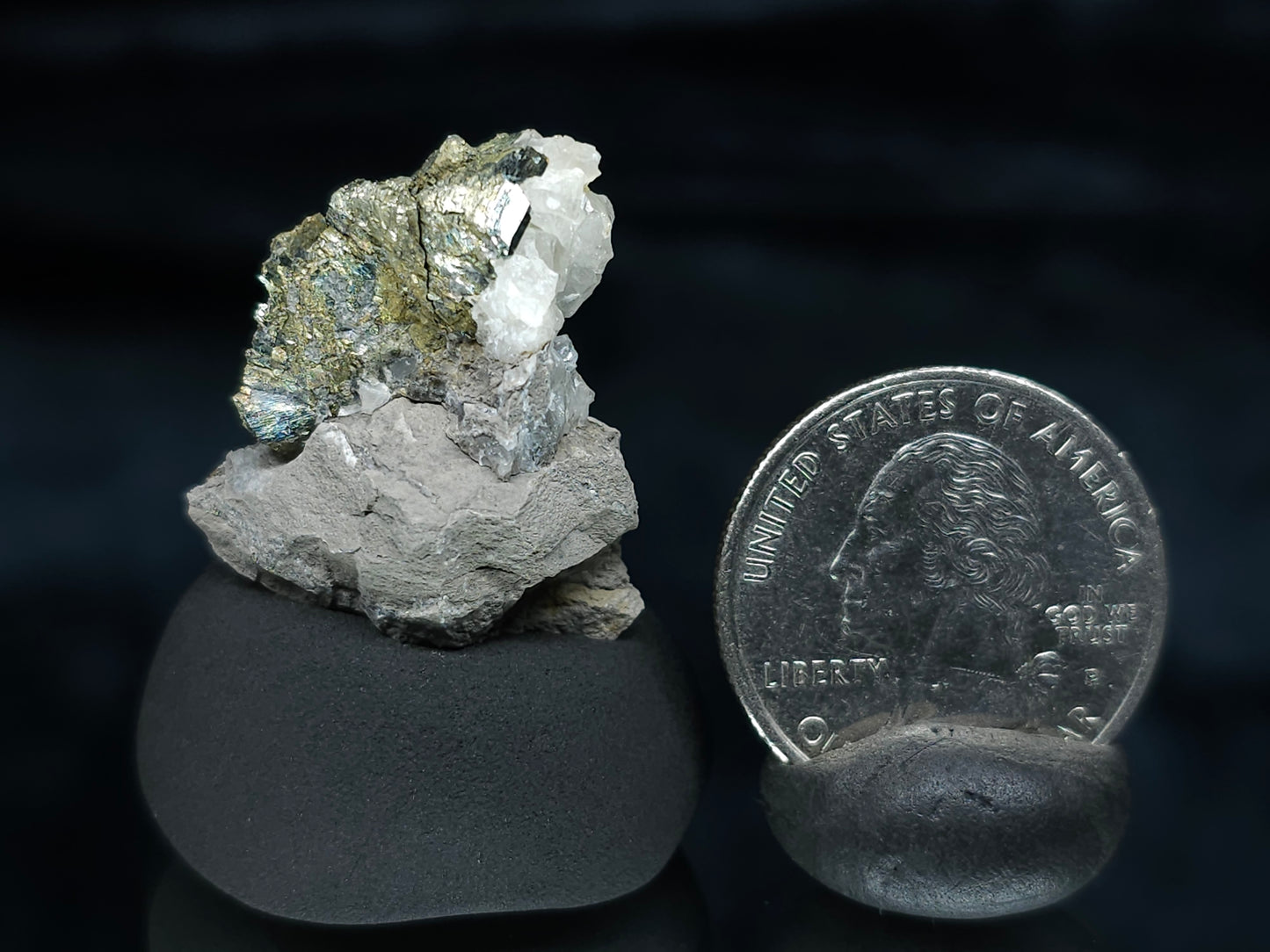 #66043 Nailhead Spar Calcite cluster with iridescent peacock Chalcopyrite ore together with tiny fossils