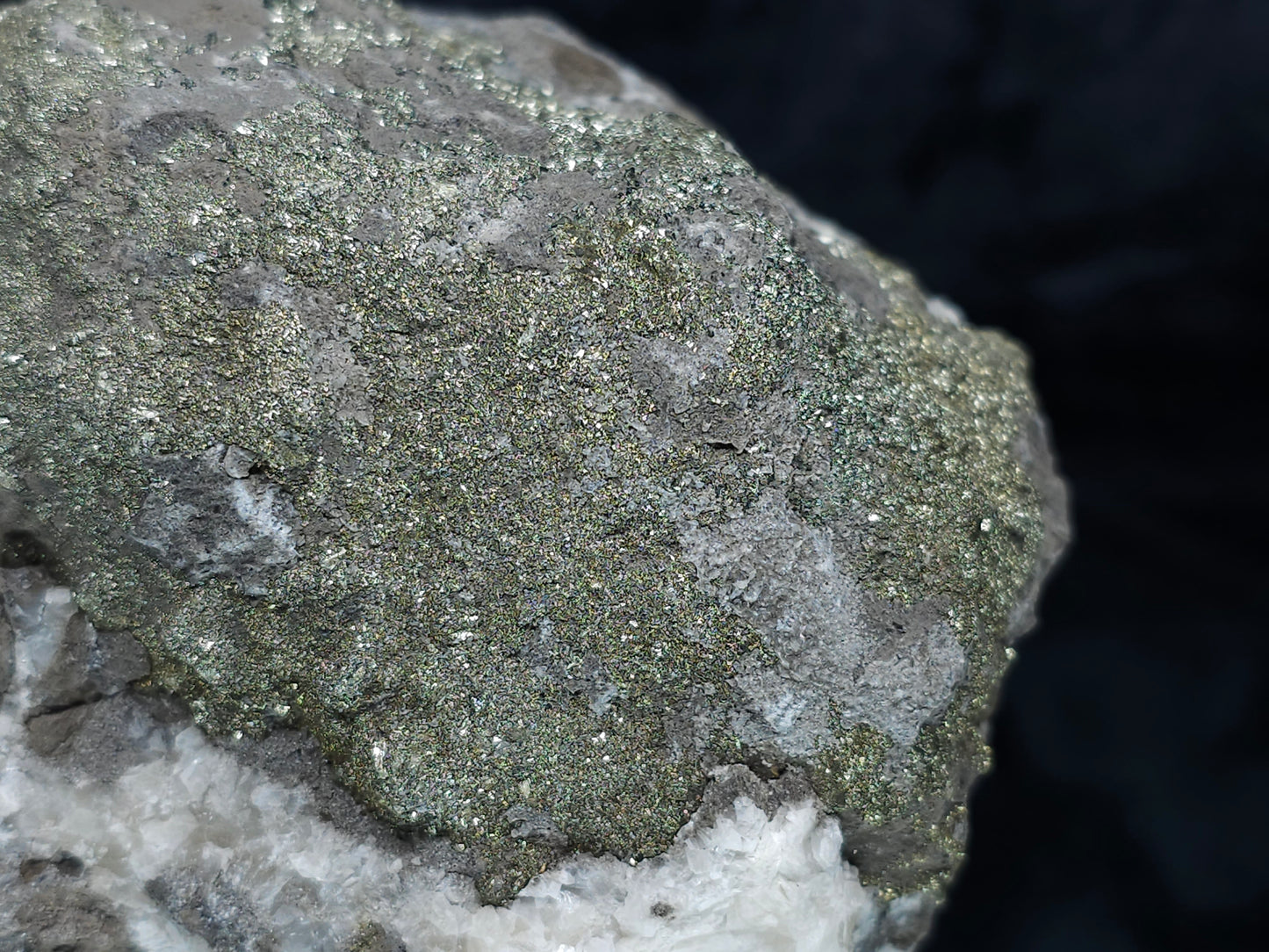 #66047 Iridescent golden Chalcopyrite ore with hydrothermal Nailhead Spar Calcite with small fossils