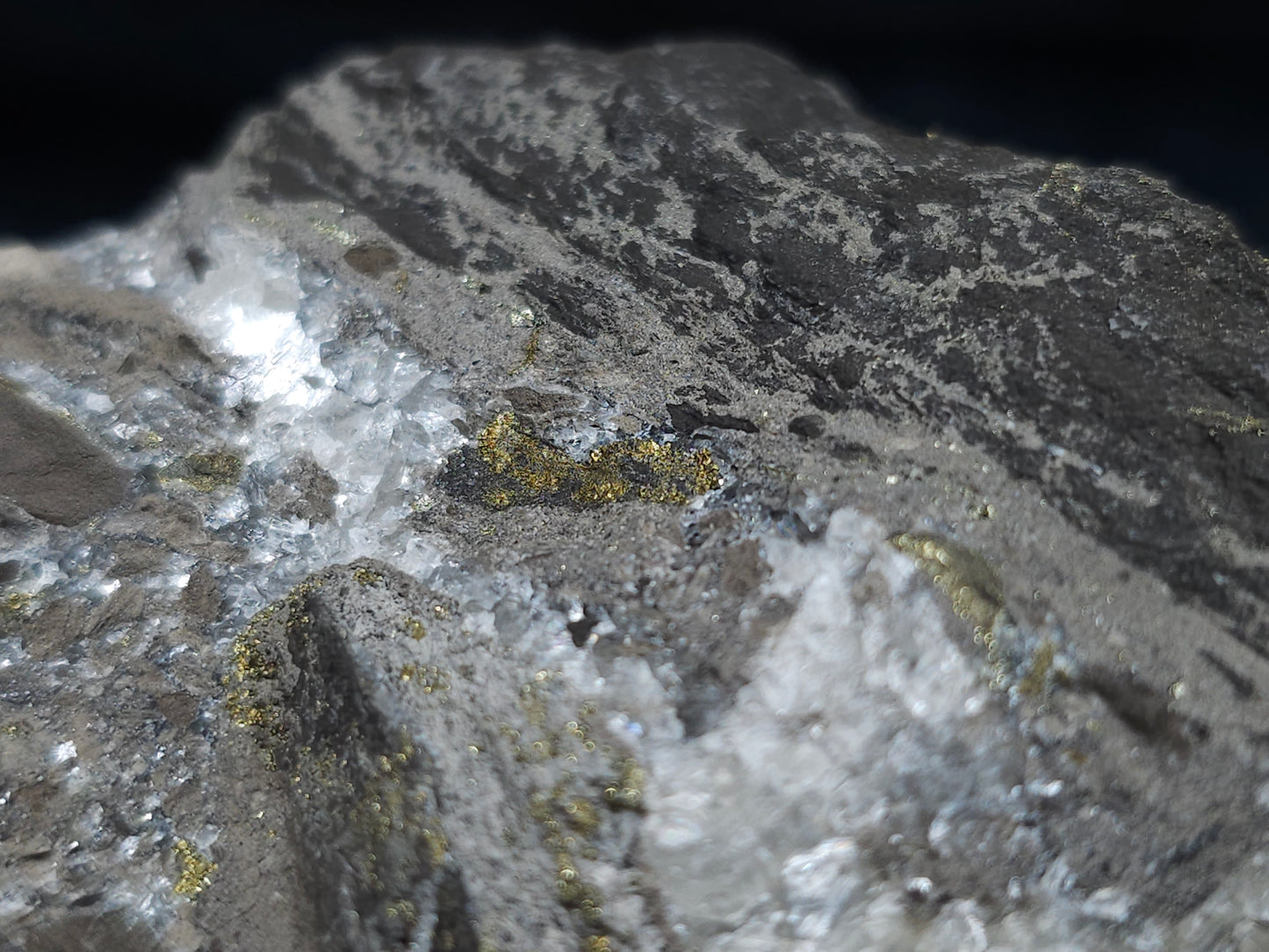 #66048 Hydrothermal Nailhead Spar Calcite geode with golden Chalcopyrite ore deposit formation among small fossils