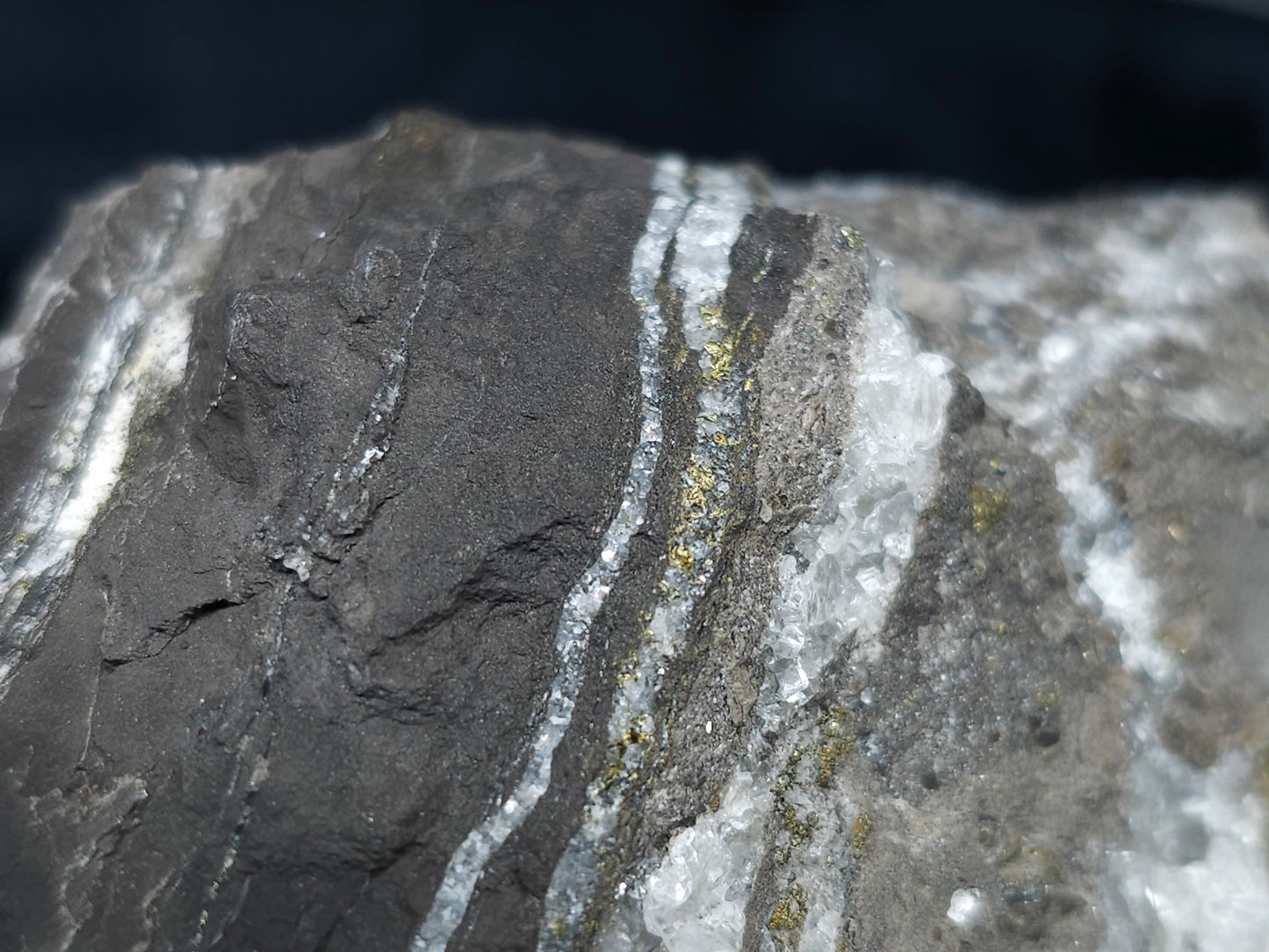 #66048 Hydrothermal Nailhead Spar Calcite geode with golden Chalcopyrite ore deposit formation among small fossils