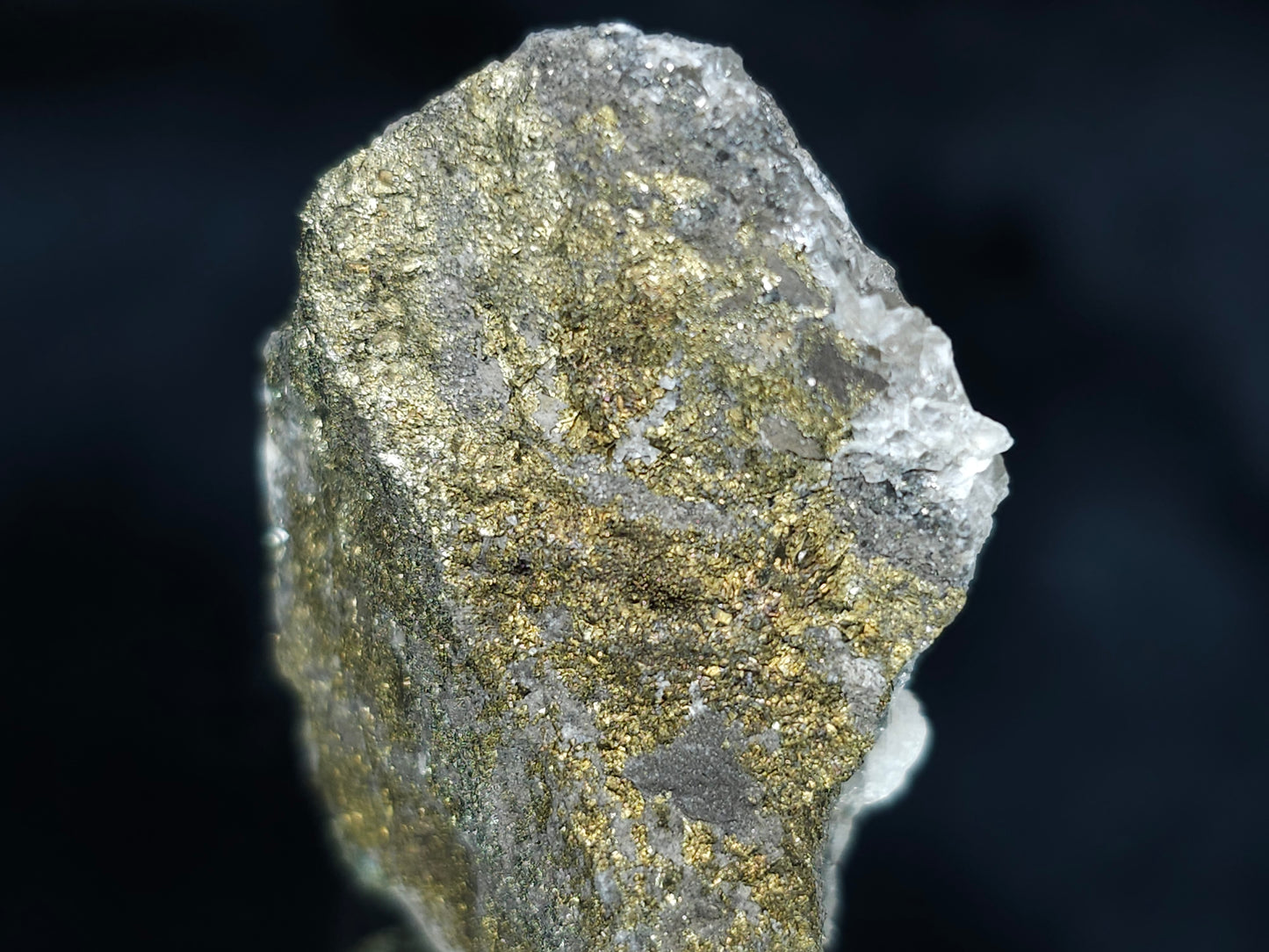 #66052 Golden Chalcopyrite ore with Hydrothermal Nailhead Spar Calcite with small fossils