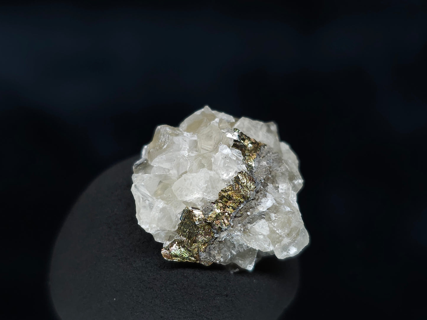 #66056 Hydrothermal golden Chalcopyrite ore deposit among clear Nailhead Spar Calcite