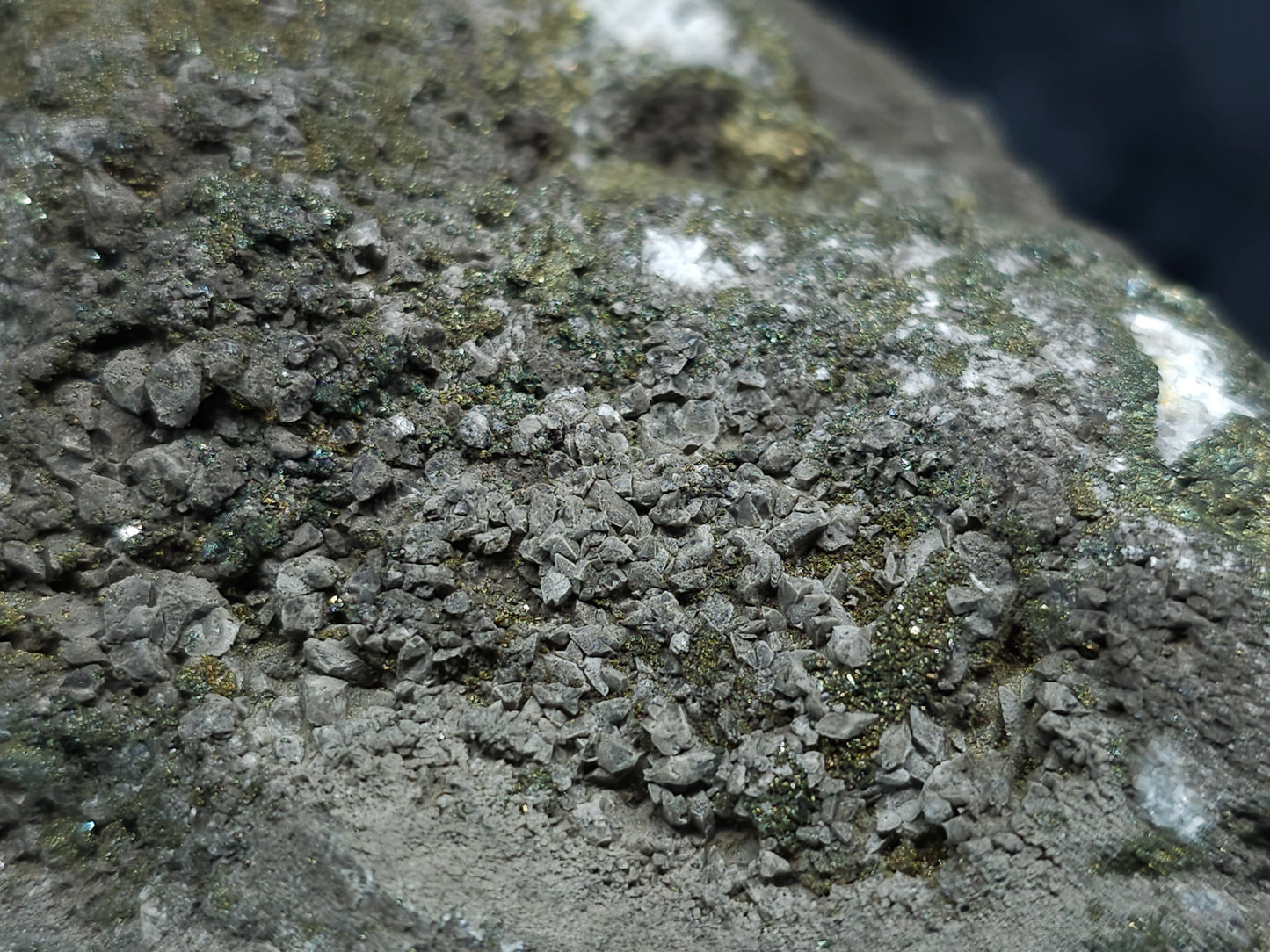 #66060 Peacock Chalcopyrite ore with golden Chalcopyrite ore, Marcasite on Dogtooth Spar Calcite, with Calcite hydrothermal deposit trought multiple small fossils