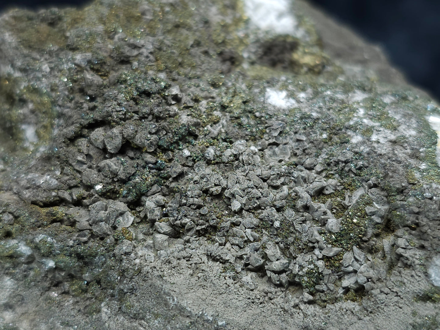 #66060 Peacock Chalcopyrite ore with golden Chalcopyrite ore, Marcasite on Dogtooth Spar Calcite, with Calcite hydrothermal deposit trought multiple small fossils