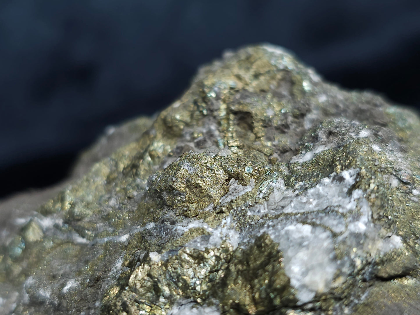 #66060 Peacock Chalcopyrite ore with golden Chalcopyrite ore, Marcasite on Dogtooth Spar Calcite, with Calcite hydrothermal deposit trought multiple small fossils