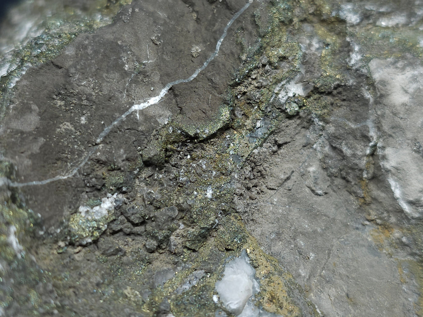 #66060 Peacock Chalcopyrite ore with golden Chalcopyrite ore, Marcasite on Dogtooth Spar Calcite, with Calcite hydrothermal deposit trought multiple small fossils