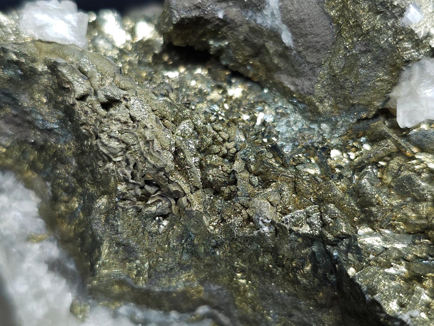 #66062 Nailhead Spar Calcite on iridescent golden Chalcopyrite ore, with stunning peacock Chalcopyrite ore with hydrothermal Calcite deposit and Marcasite among multiple fossils