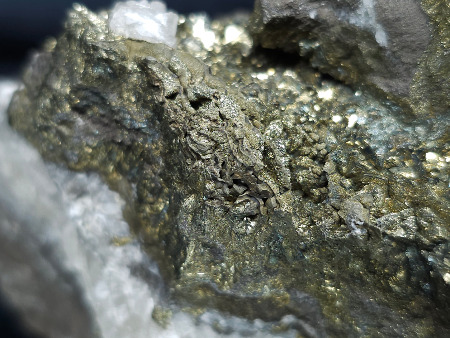 #66062 Nailhead Spar Calcite on iridescent golden Chalcopyrite ore, with stunning peacock Chalcopyrite ore with hydrothermal Calcite deposit and Marcasite among multiple fossils