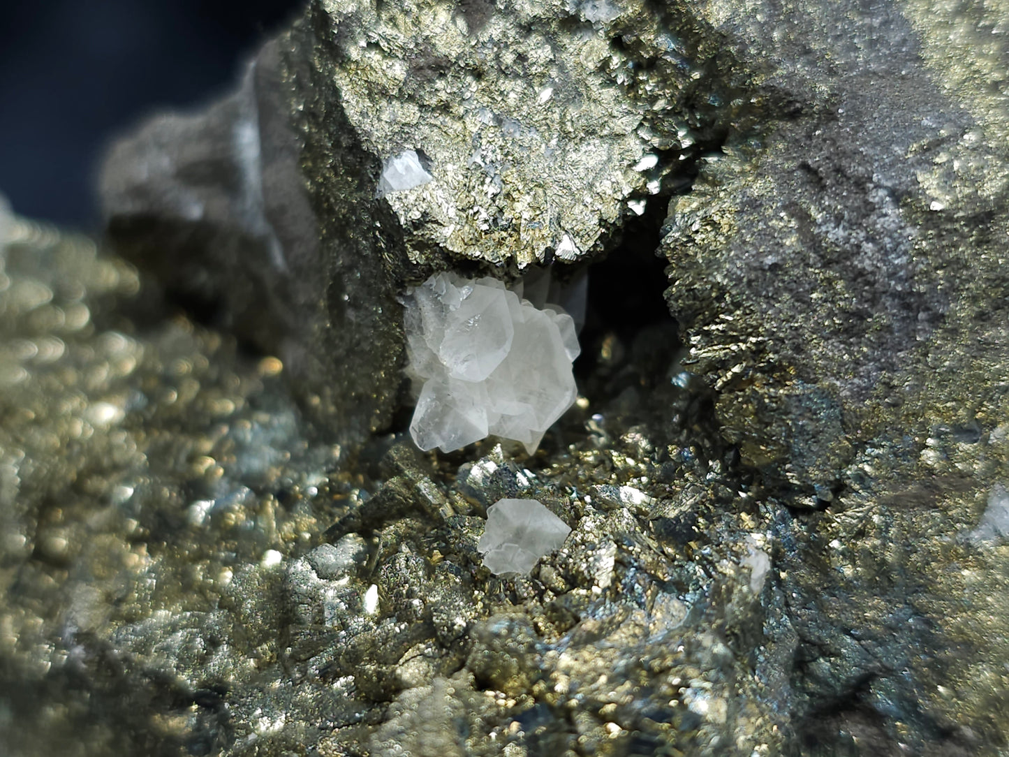 #66062 Nailhead Spar Calcite on iridescent golden Chalcopyrite ore, with stunning peacock Chalcopyrite ore with hydrothermal Calcite deposit and Marcasite among multiple fossils