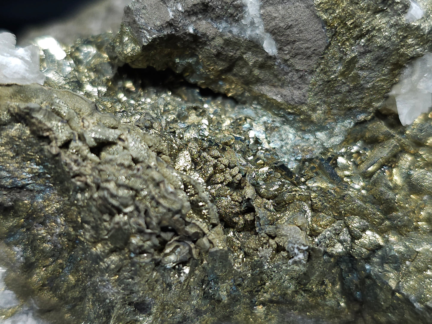 #66062 Nailhead Spar Calcite on iridescent golden Chalcopyrite ore, with stunning peacock Chalcopyrite ore with hydrothermal Calcite deposit and Marcasite among multiple fossils