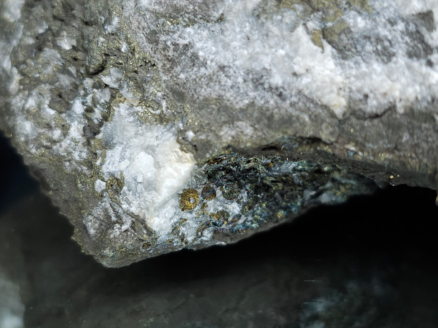 #66062 Nailhead Spar Calcite on iridescent golden Chalcopyrite ore, with stunning peacock Chalcopyrite ore with hydrothermal Calcite deposit and Marcasite among multiple fossils