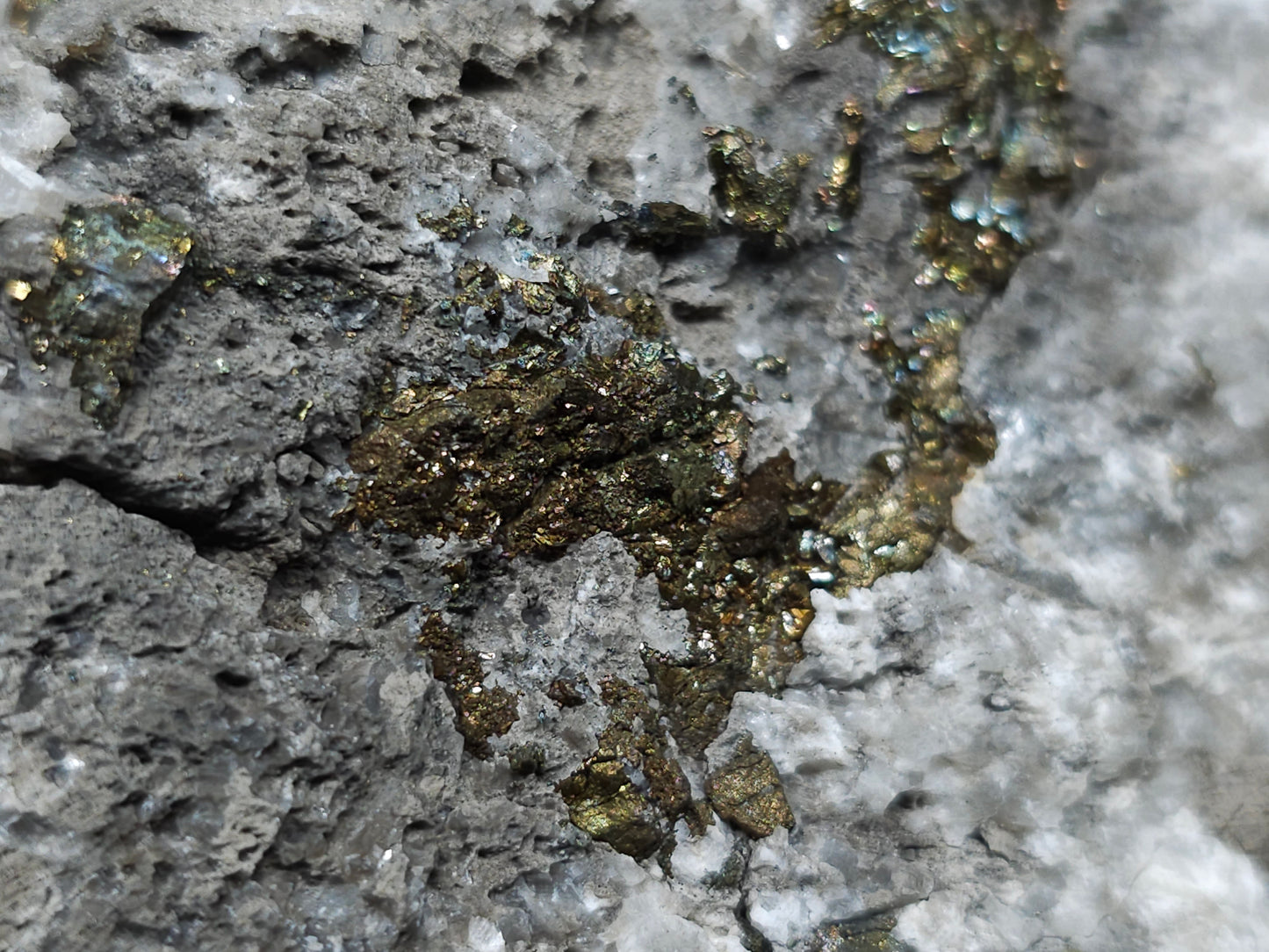 #66063 Clear Nailhead Spar Calcite, iridescent golden Chalcopyrite ore, Marcasite with hydrothermal Calcite deposit on peacock Chalcopyrite ore and Dogtooth Spar Calcite