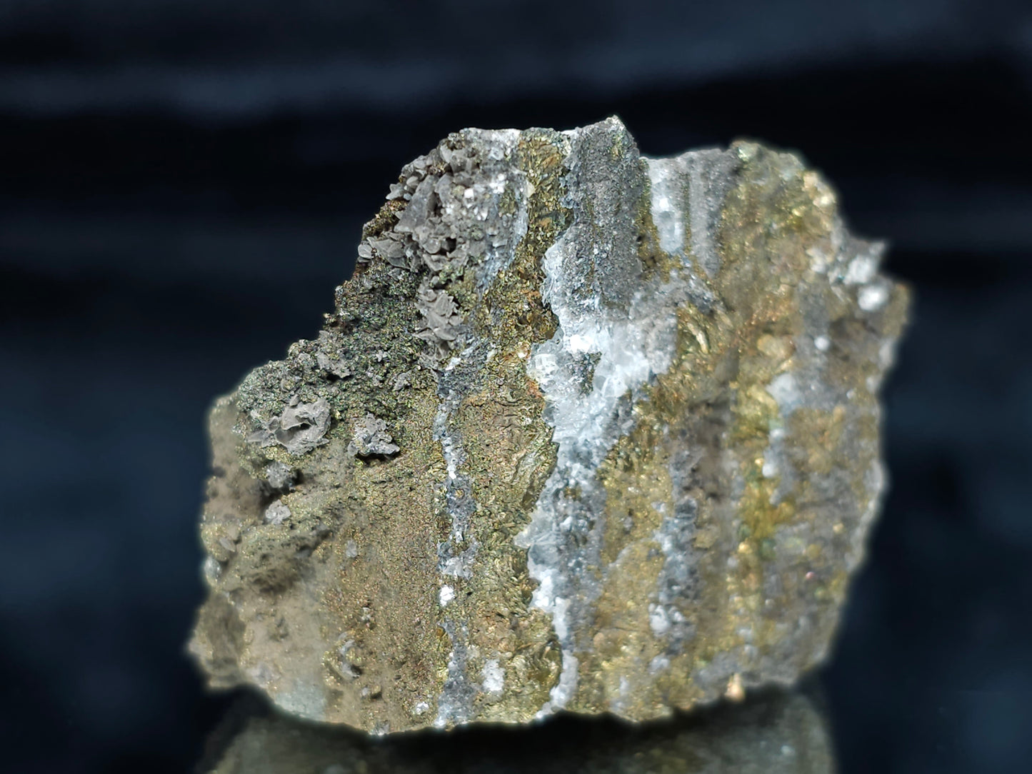 #66111 Iridescent golden Chalcopyrite ore with Dogtooth Spar Calcite on hydrothermal Chalcopyrite deposit, super clear hydrothermal Calcite deposit, small formation of Marcasite on multiple small fossils