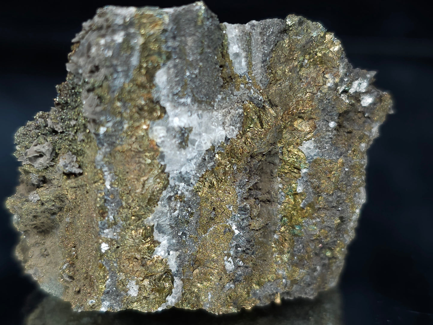 #66111 Iridescent golden Chalcopyrite ore with Dogtooth Spar Calcite on hydrothermal Chalcopyrite deposit, super clear hydrothermal Calcite deposit, small formation of Marcasite on multiple small fossils