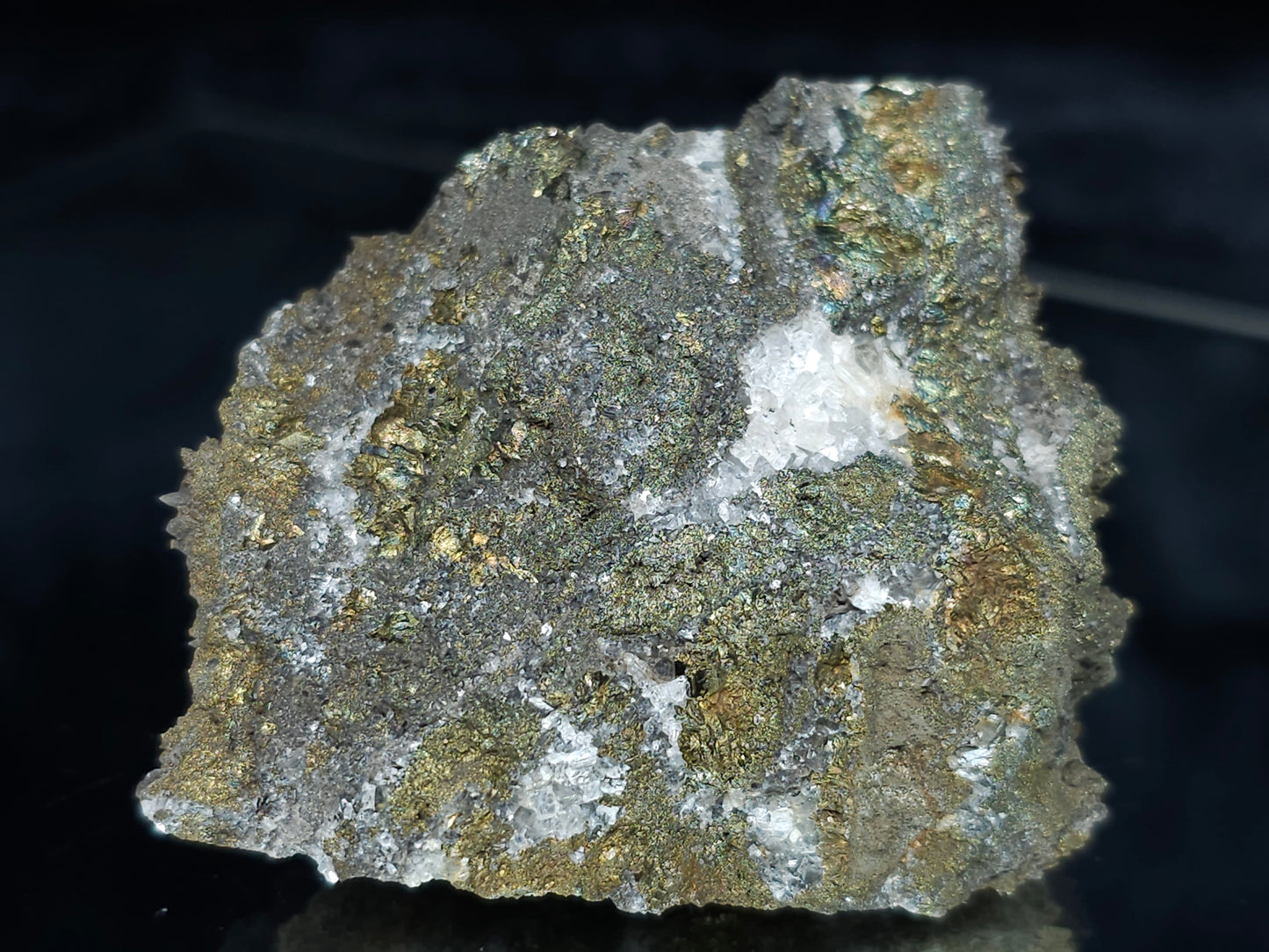 #66111 Iridescent golden Chalcopyrite ore with Dogtooth Spar Calcite on hydrothermal Chalcopyrite deposit, super clear hydrothermal Calcite deposit, small formation of Marcasite on multiple small fossils