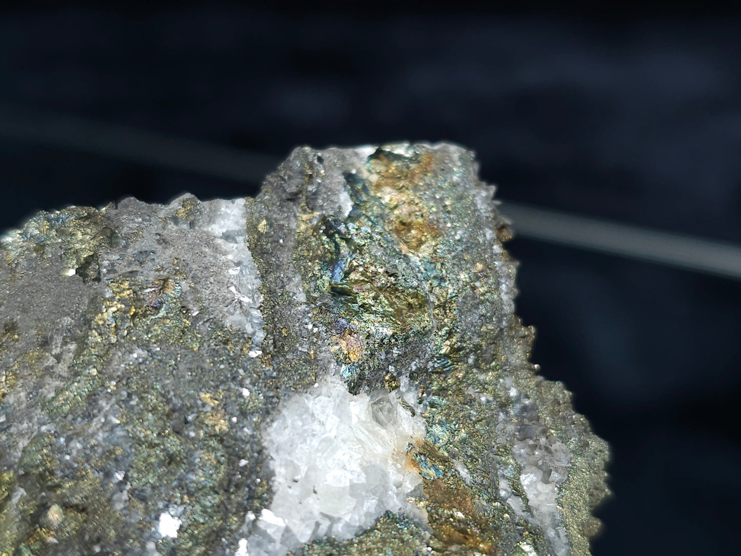 #66111 Iridescent golden Chalcopyrite ore with Dogtooth Spar Calcite on hydrothermal Chalcopyrite deposit, super clear hydrothermal Calcite deposit, small formation of Marcasite on multiple small fossils