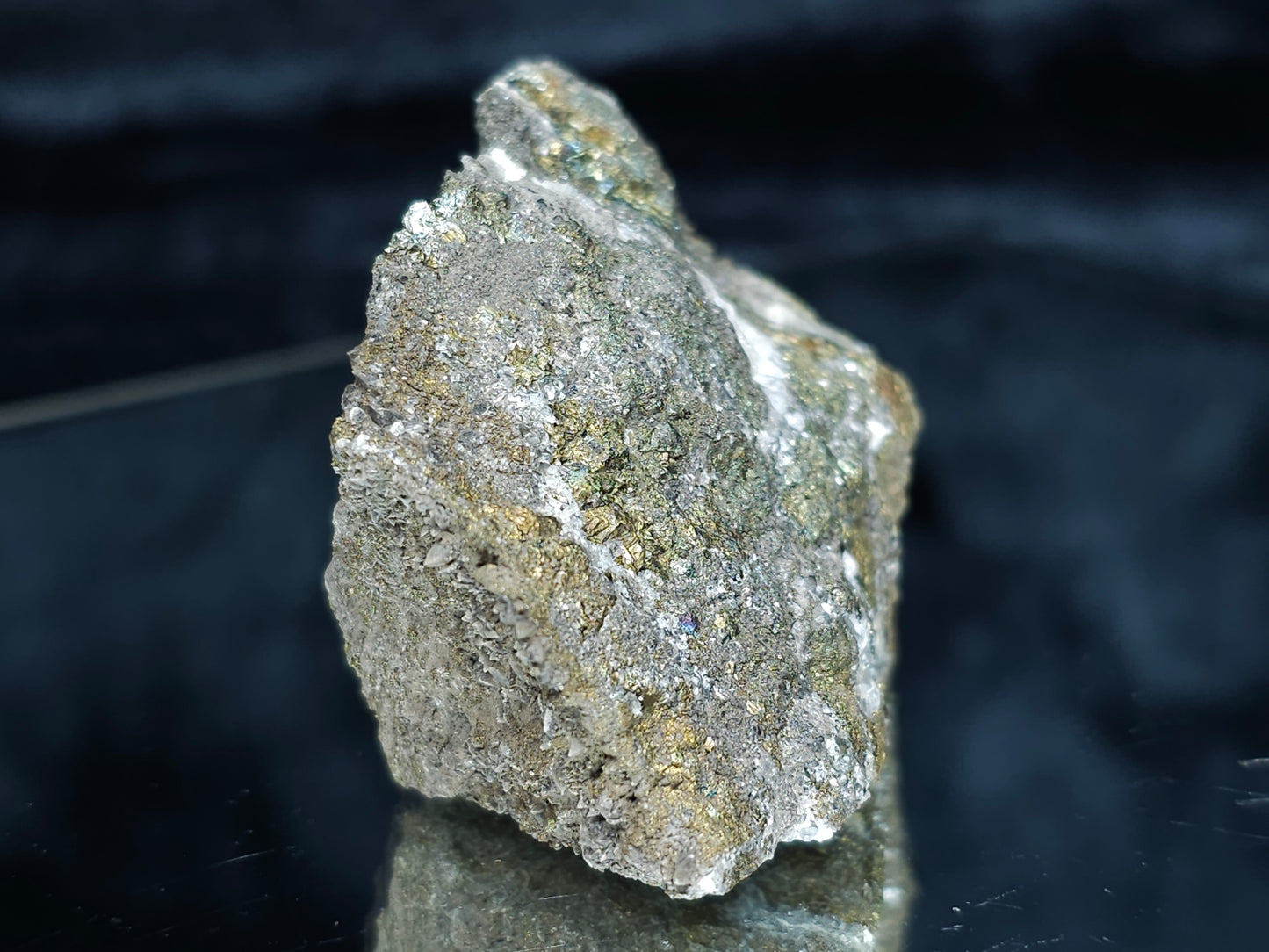 #66111 Iridescent golden Chalcopyrite ore with Dogtooth Spar Calcite on hydrothermal Chalcopyrite deposit, super clear hydrothermal Calcite deposit, small formation of Marcasite on multiple small fossils