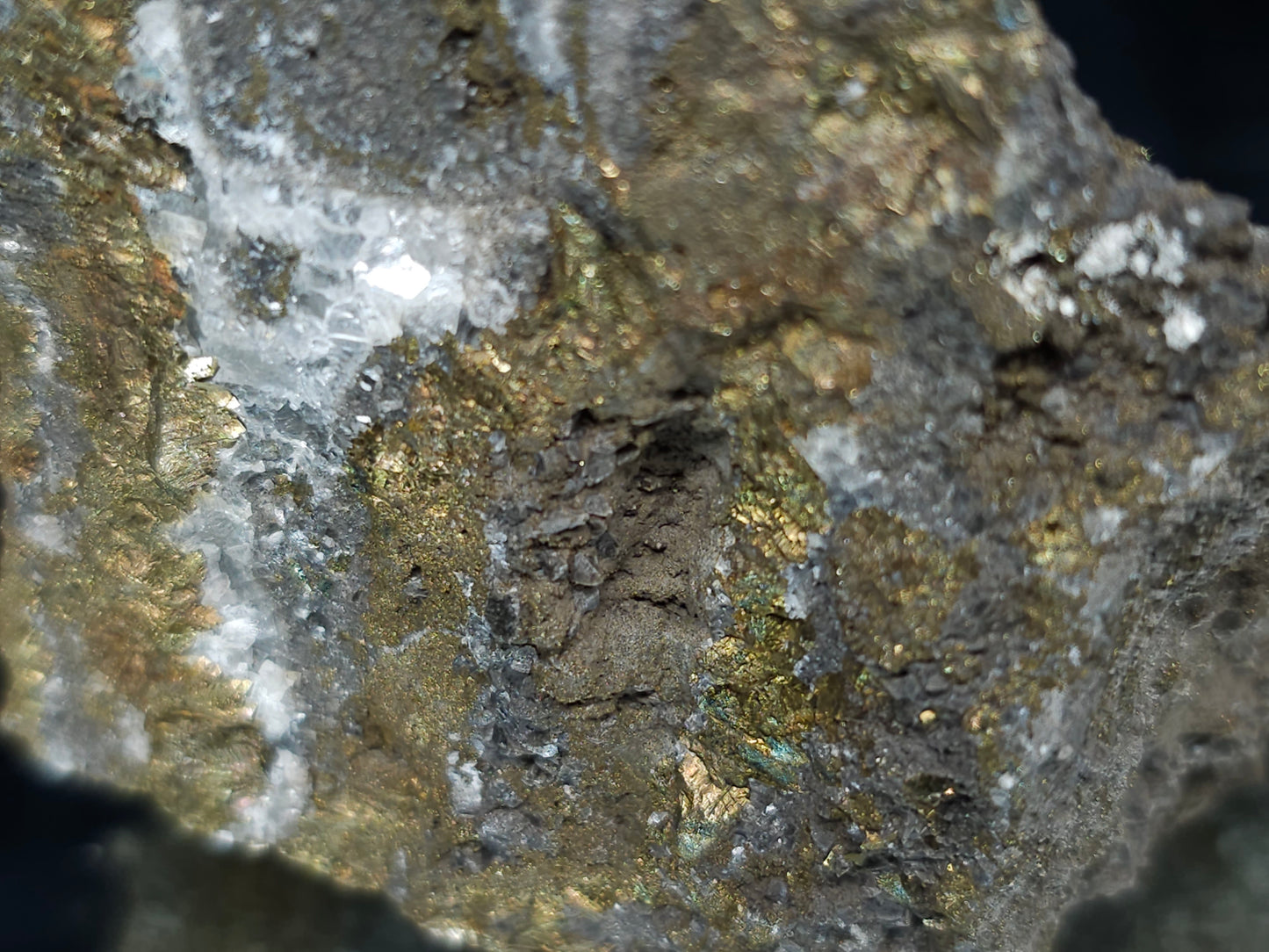 #66111 Iridescent golden Chalcopyrite ore with Dogtooth Spar Calcite on hydrothermal Chalcopyrite deposit, super clear hydrothermal Calcite deposit, small formation of Marcasite on multiple small fossils