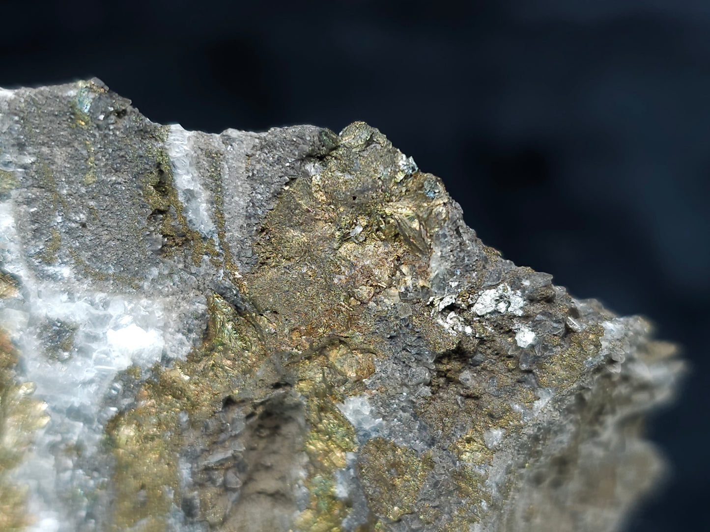 #66111 Iridescent golden Chalcopyrite ore with Dogtooth Spar Calcite on hydrothermal Chalcopyrite deposit, super clear hydrothermal Calcite deposit, small formation of Marcasite on multiple small fossils