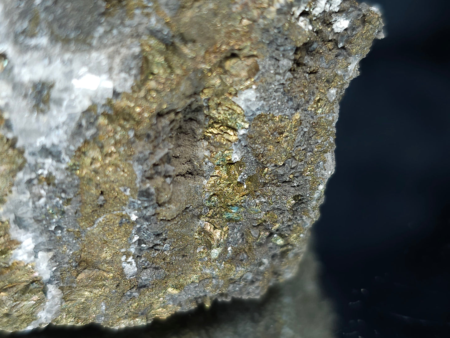 #66111 Iridescent golden Chalcopyrite ore with Dogtooth Spar Calcite on hydrothermal Chalcopyrite deposit, super clear hydrothermal Calcite deposit, small formation of Marcasite on multiple small fossils