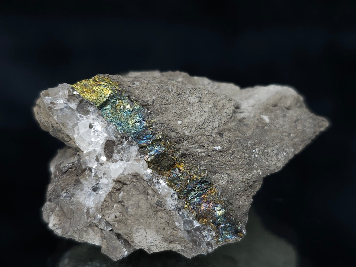 #66121 Iridescent hydrothermal mineral deposit that have peacock Chalcopyrite ore also with multiple wonderful small fossils