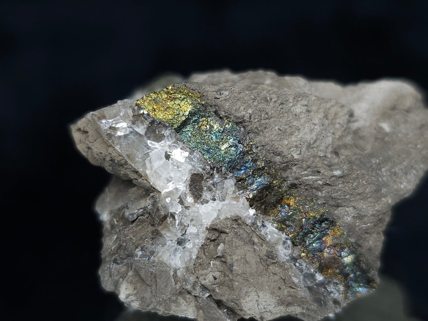 #66121 Iridescent hydrothermal mineral deposit that have peacock Chalcopyrite ore also with multiple wonderful small fossils