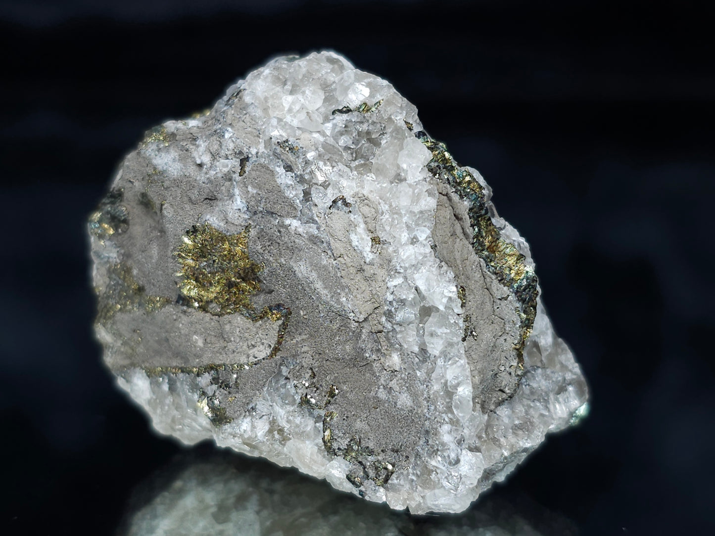 #66123 Iridescent golden Chalcopyrite ore with Marcasite formation, with hydrothermal Calcite deposit with multiple fossils