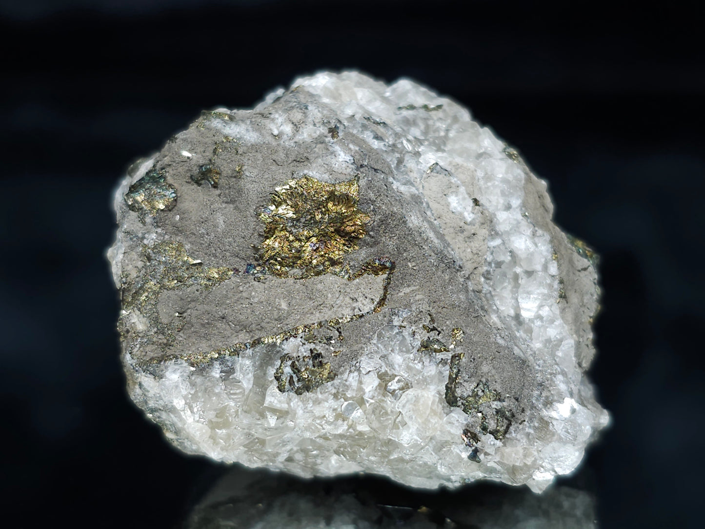 #66123 Iridescent golden Chalcopyrite ore with Marcasite formation, with hydrothermal Calcite deposit with multiple fossils