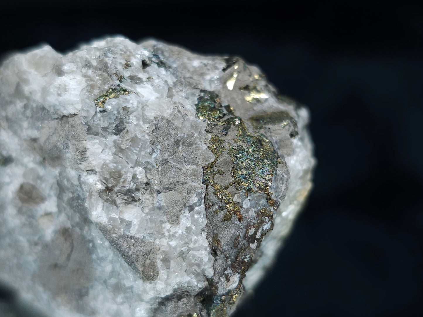 #66123 Iridescent golden Chalcopyrite ore with Marcasite formation, with hydrothermal Calcite deposit with multiple fossils