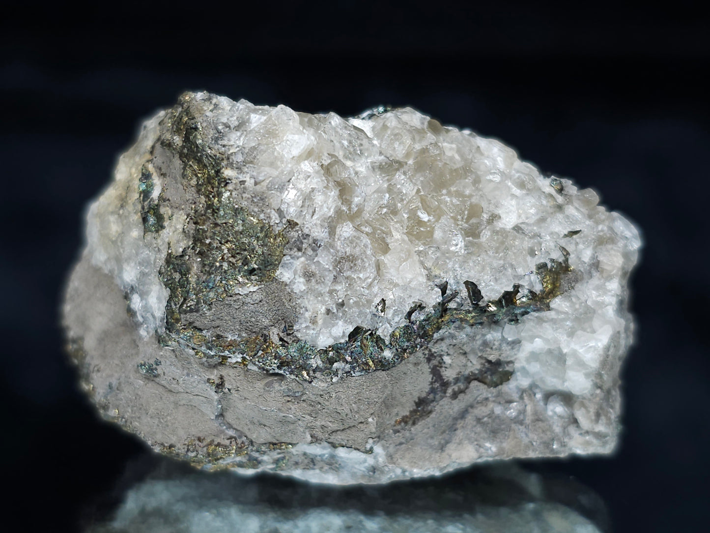 #66123 Iridescent golden Chalcopyrite ore with Marcasite formation, with hydrothermal Calcite deposit with multiple fossils