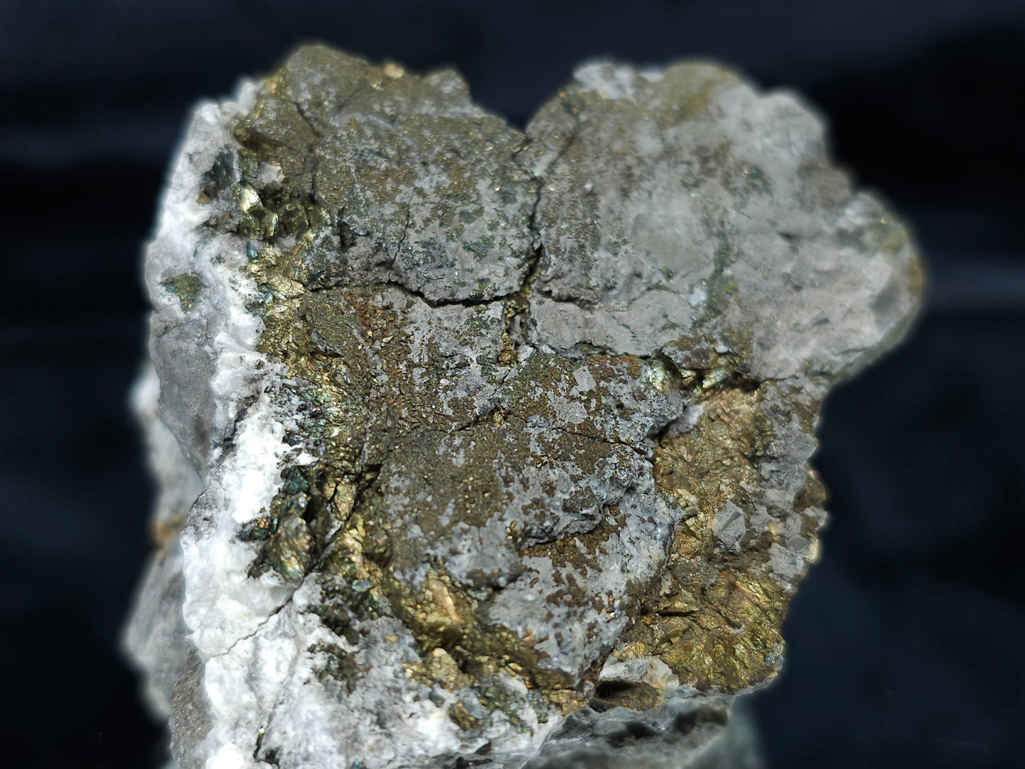 #66128 Hydrothermal Calcite deposit golden Chalcopyrite ore with beautiful with multiple small fossils