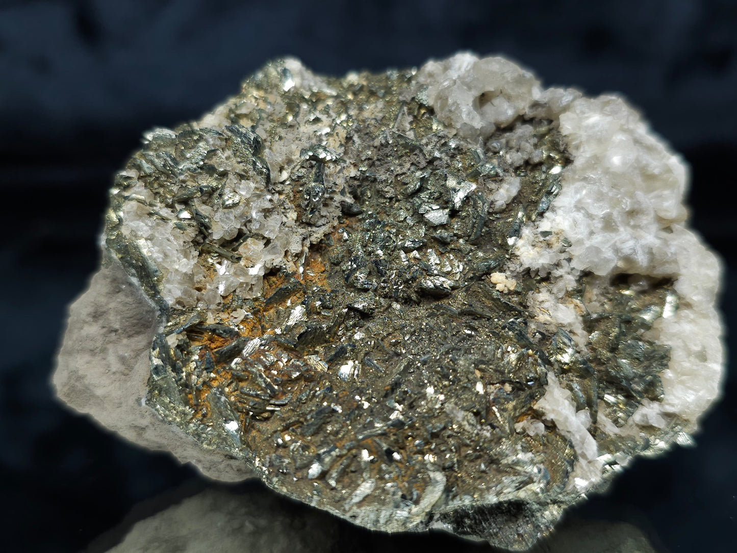 #66129 Calcite formation on iridescent golden Chalcopyrite ore with hydrothermal Calcite and Chalcopyrite deposit with multiple fossils