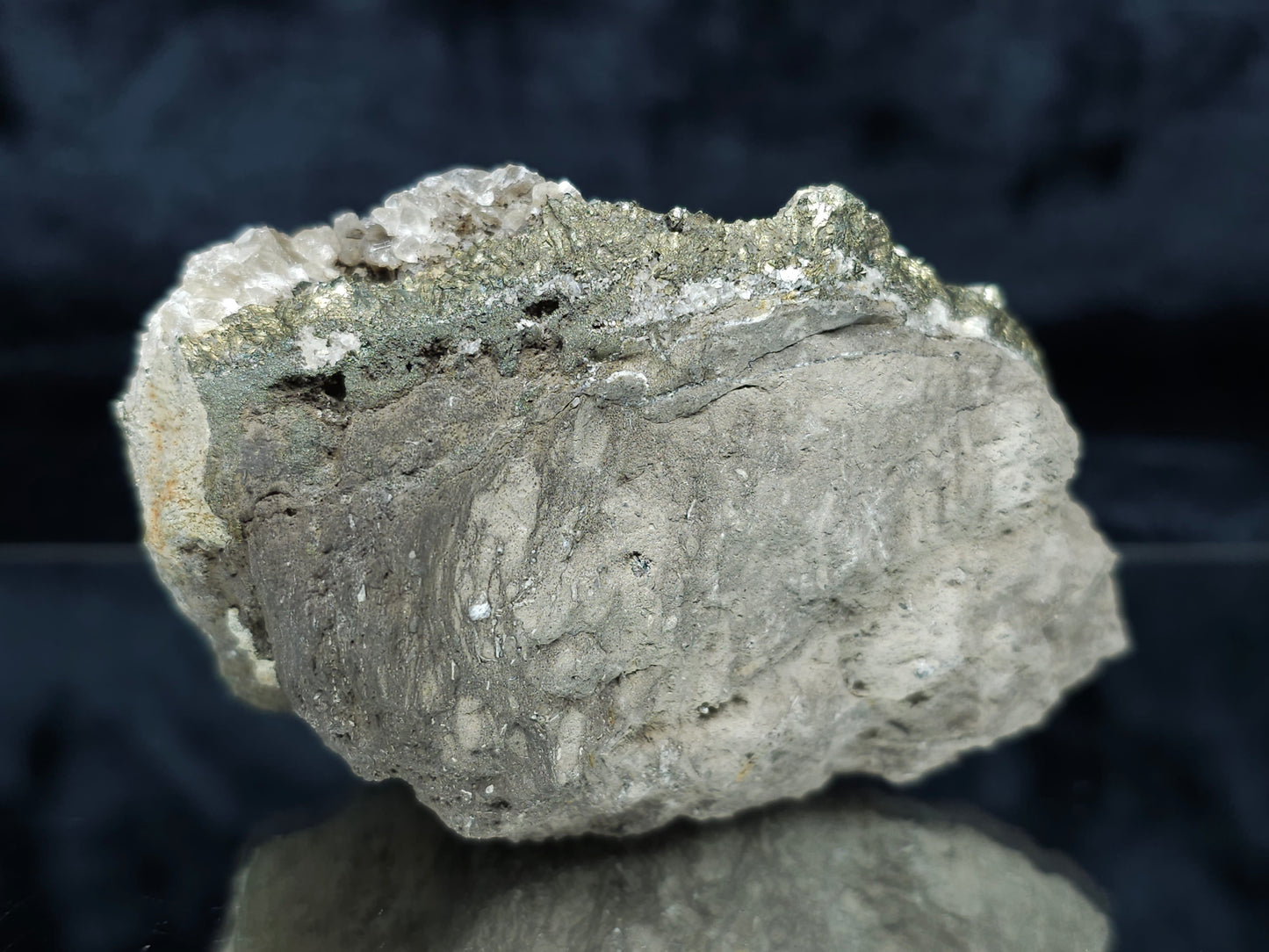 #66129 Calcite formation on iridescent golden Chalcopyrite ore with hydrothermal Calcite and Chalcopyrite deposit with multiple fossils