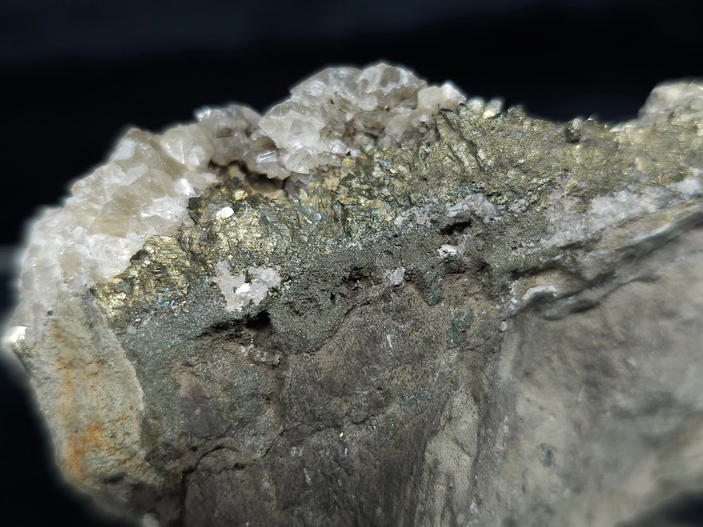 #66129 Calcite formation on iridescent golden Chalcopyrite ore with hydrothermal Calcite and Chalcopyrite deposit with multiple fossils