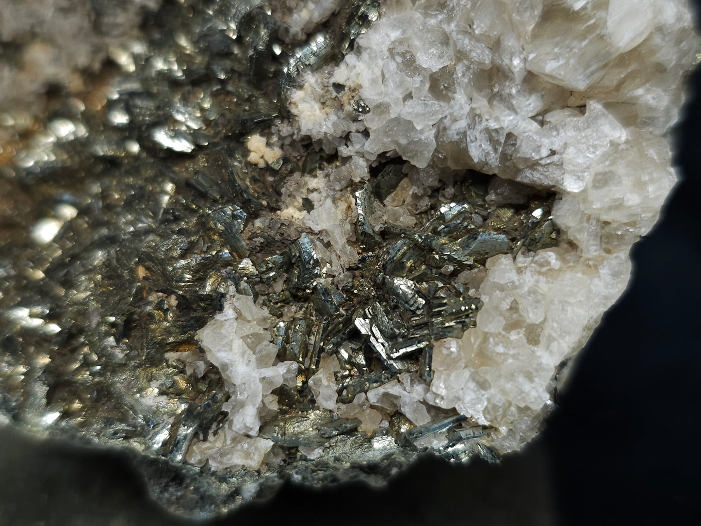 #66129 Calcite formation on iridescent golden Chalcopyrite ore with hydrothermal Calcite and Chalcopyrite deposit with multiple fossils